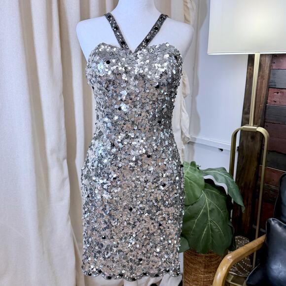 Scala Sexy Silver Beaded Sequin Cocktail Dress 4 Coquette Elegant Formal Luxury - Picture 5 of 14